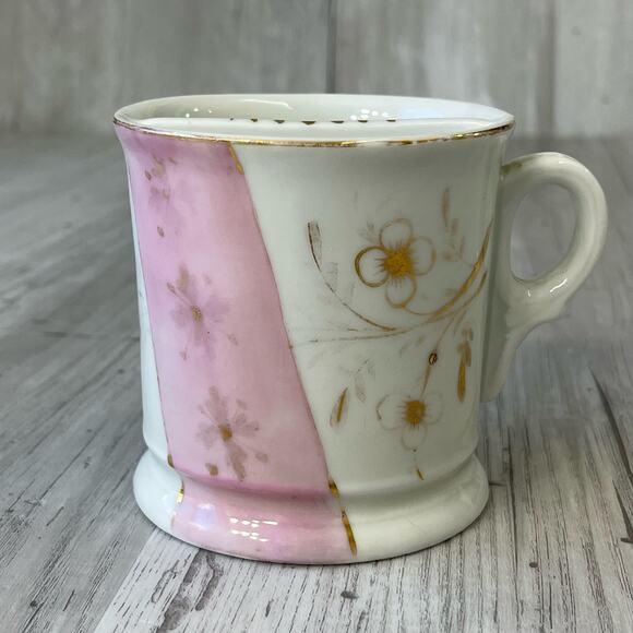 Vintage White Pink Floral Accent Gold Trim Shaving Mug Cup Decor - Picture 1 of 9